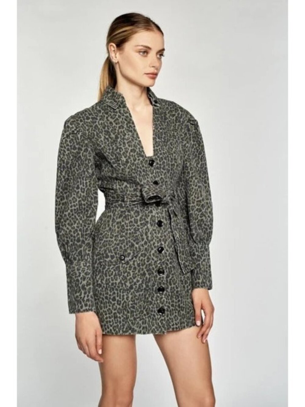 Marissa Webb Mera Army Green Leopard Print Canvas Button Up Mini Dress, Size XS